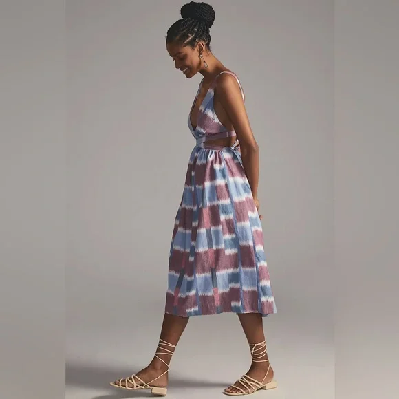 Anthropologie Deep-V Midi Dress Blue Blush Mauve XS - Picture 3 of 7